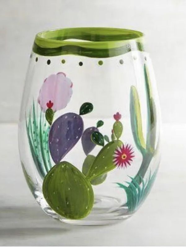 Cactuses painted on wine glass