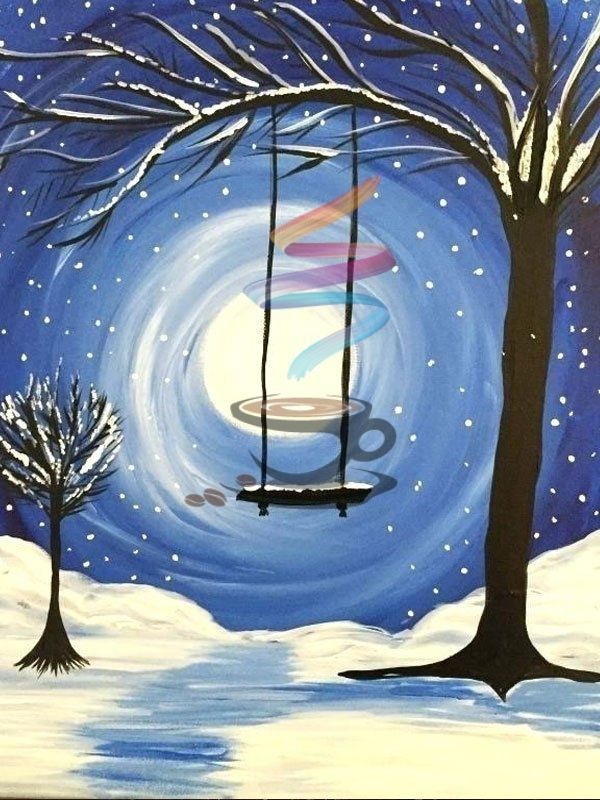 A painting of a swing with a cup of coffee on it