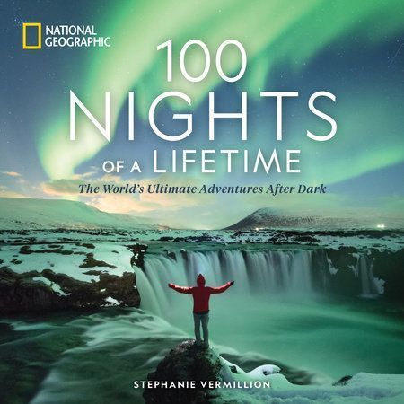 Book cover: A person stands before a waterfall under green aurora borealis. The title reads "100 Nights of a Lifetime."