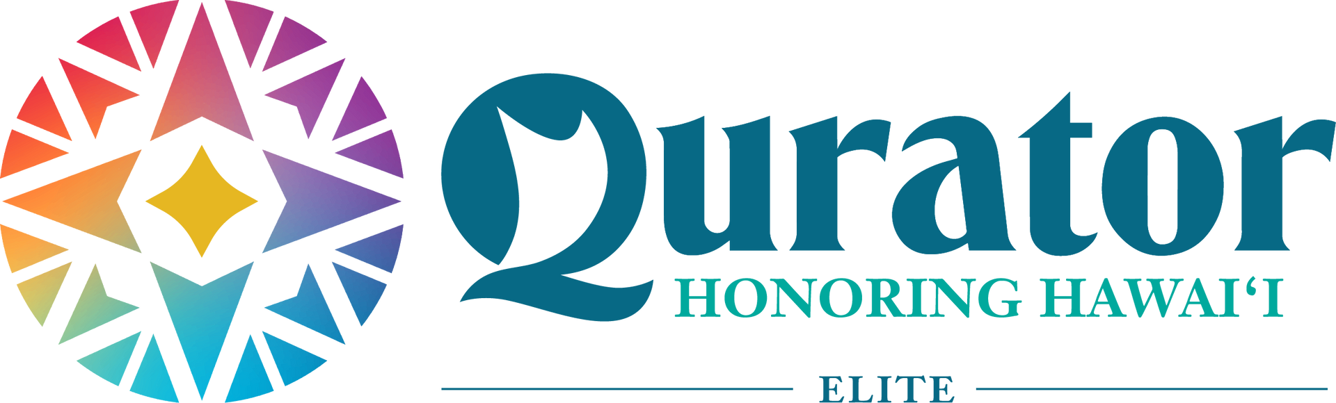 Logo for "Qurator Honoring Hawai'i". Colorful compass-like design and teal text. "Elite" under a line.