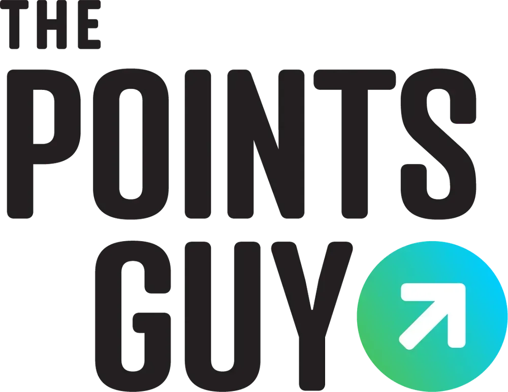 "The Points Guy" logo: Black text with a teal and blue circle containing a white arrow pointing up and to the right.