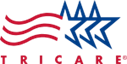 TRICARE logo: Red stripes and blue stars, healthcare provider for military personnel and families.