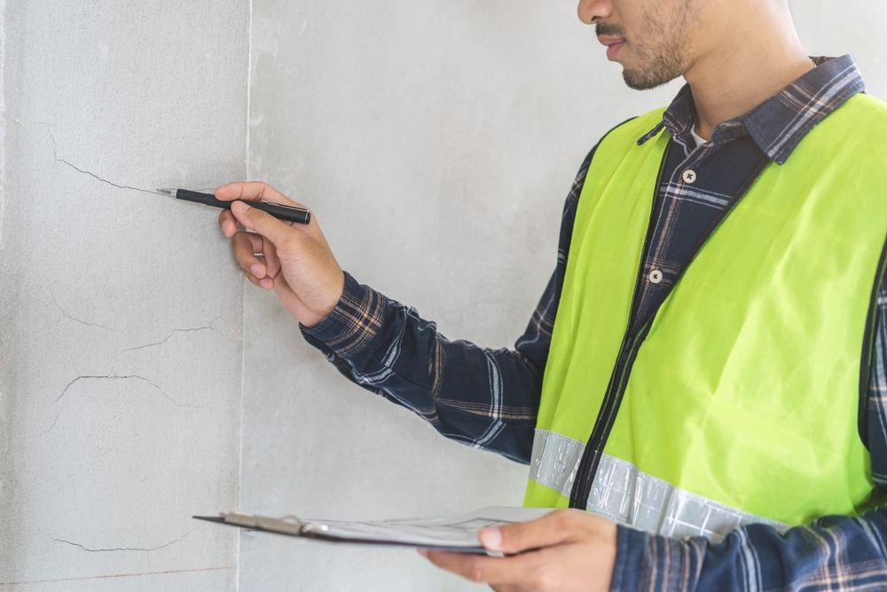 A man in a yellow vest is holding a clipboard and pointing at a wall.