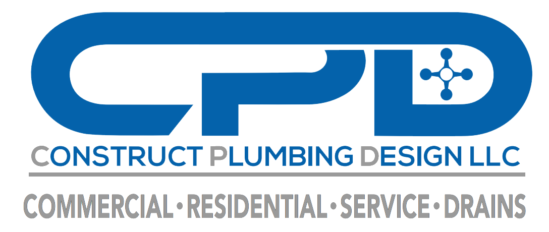 the logo for construct plumbing design llc is blue and white