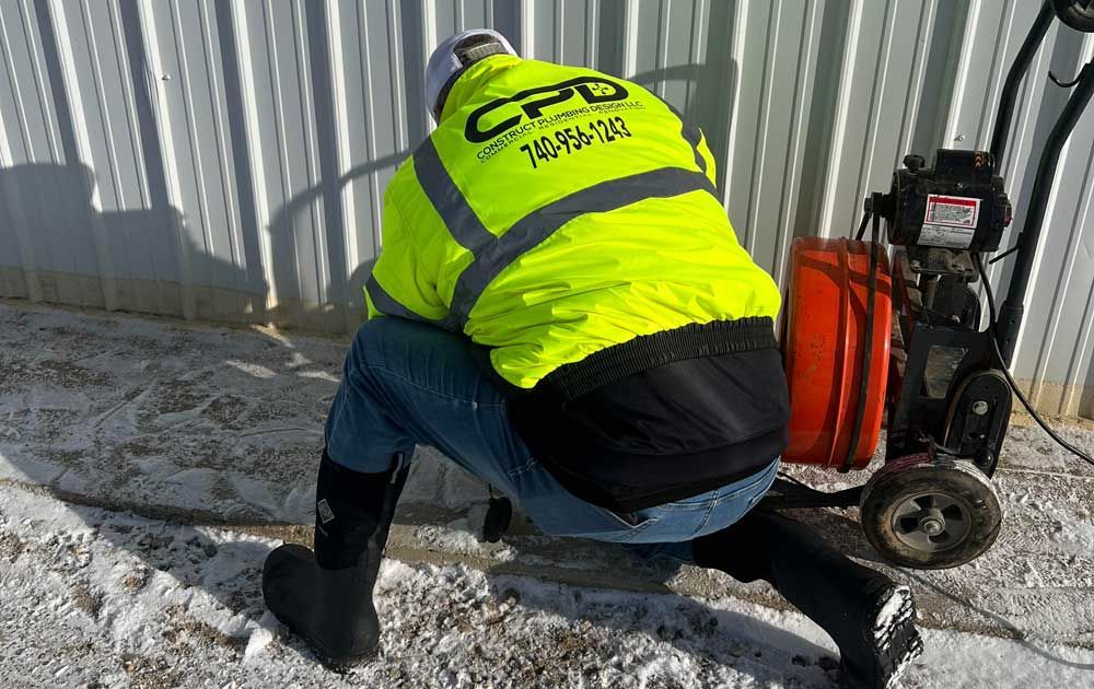 a man in a yellow jacket is kneeling in the snow next to a drain cleaning machine