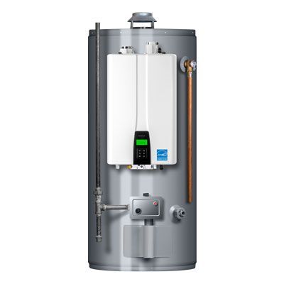 a tankless water heater is sitting on top of a stainless steel tank