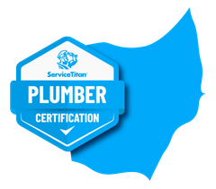a blue and white service titan plumber certification badge