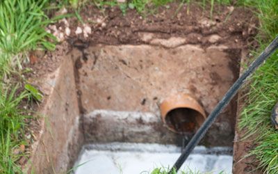 a pipe is coming out of a hole in the ground of a yard