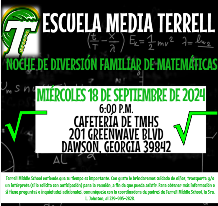 Un anuncio sobre la Noche de Diversión Familiar de Matemáticas el 18 de septiembre a las 6:00 p. m.