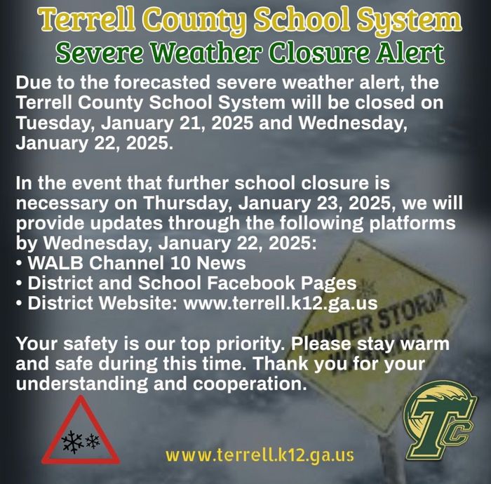 Due to forecasted severe weather, school will be closed Tuesday, January 21 and Wednesday 22.