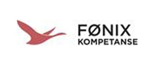 Rødt fugleikon ved siden av teksten «FØNIX KOMPETANSE» i svart.