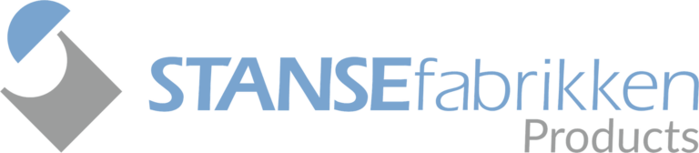 Logo for Stansefabrikken med en blå og grå abstrakt form og tekst.