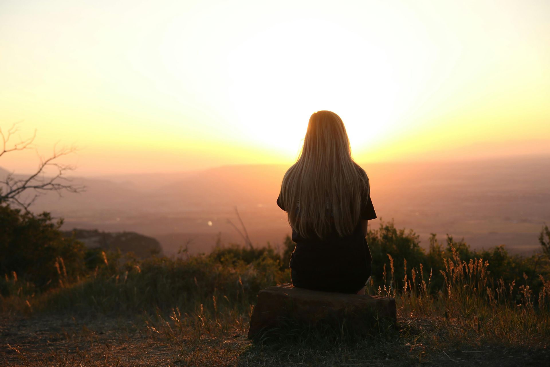 Person with long hair sits on a log, looking at a sunset over mountains.