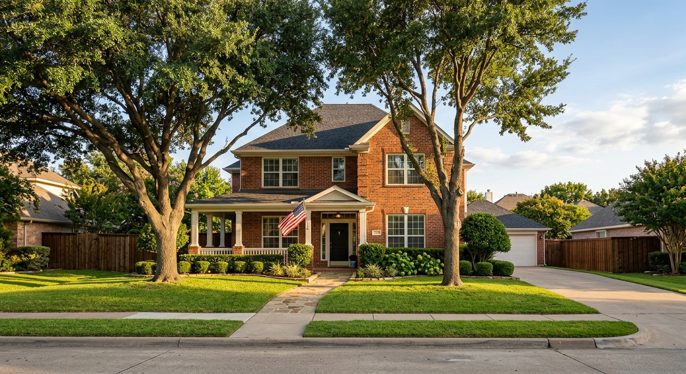 Brick residential home in Garland Texas on a sunny day with green lawn and clear blue sky