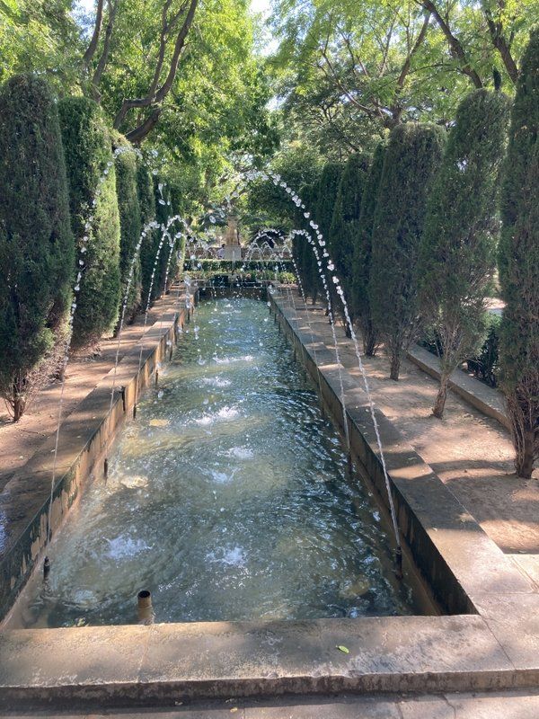 Inmitten eines von Bäumen umgebenen Parks steht ein Brunnen.