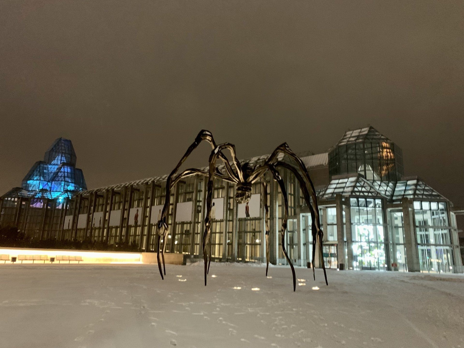 Eine große Spinnenstatue vor einem Gebäude in der Nacht