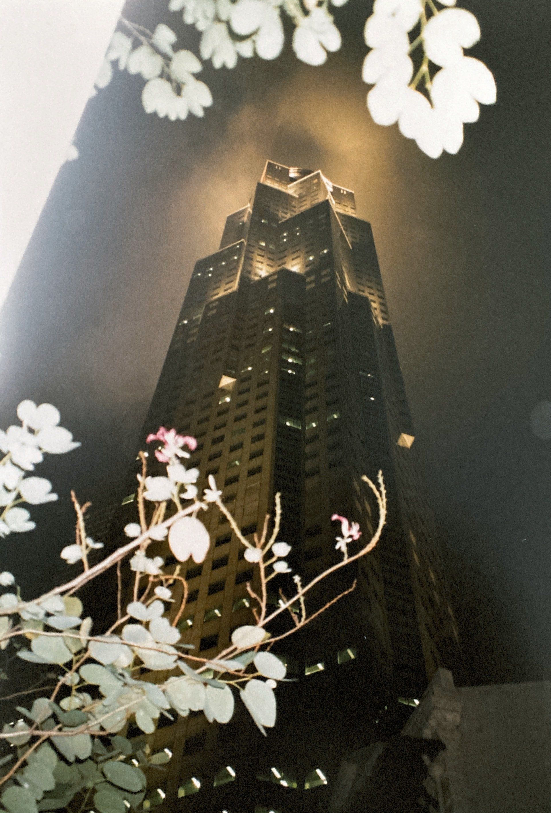 Ein sehr hohes Gebäude ist nachts beleuchtet