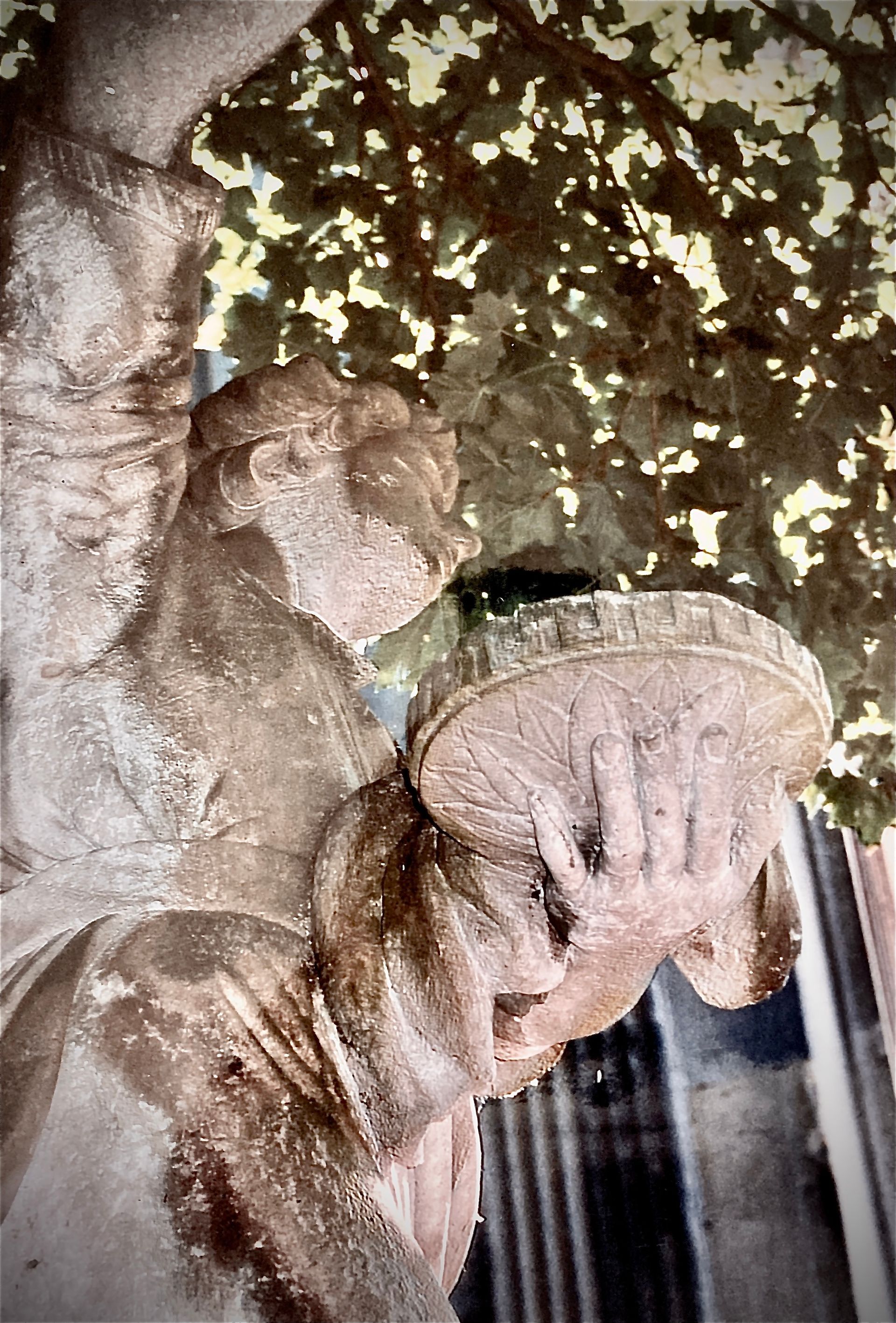 Eine Nahaufnahme einer Statue mit einem Baum im Hintergrund