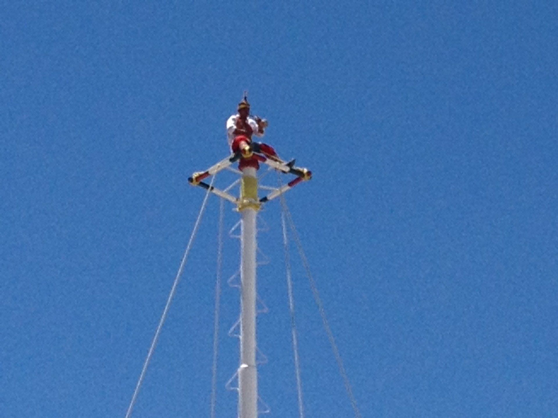 Ein Mann steht auf einem hohen Mast