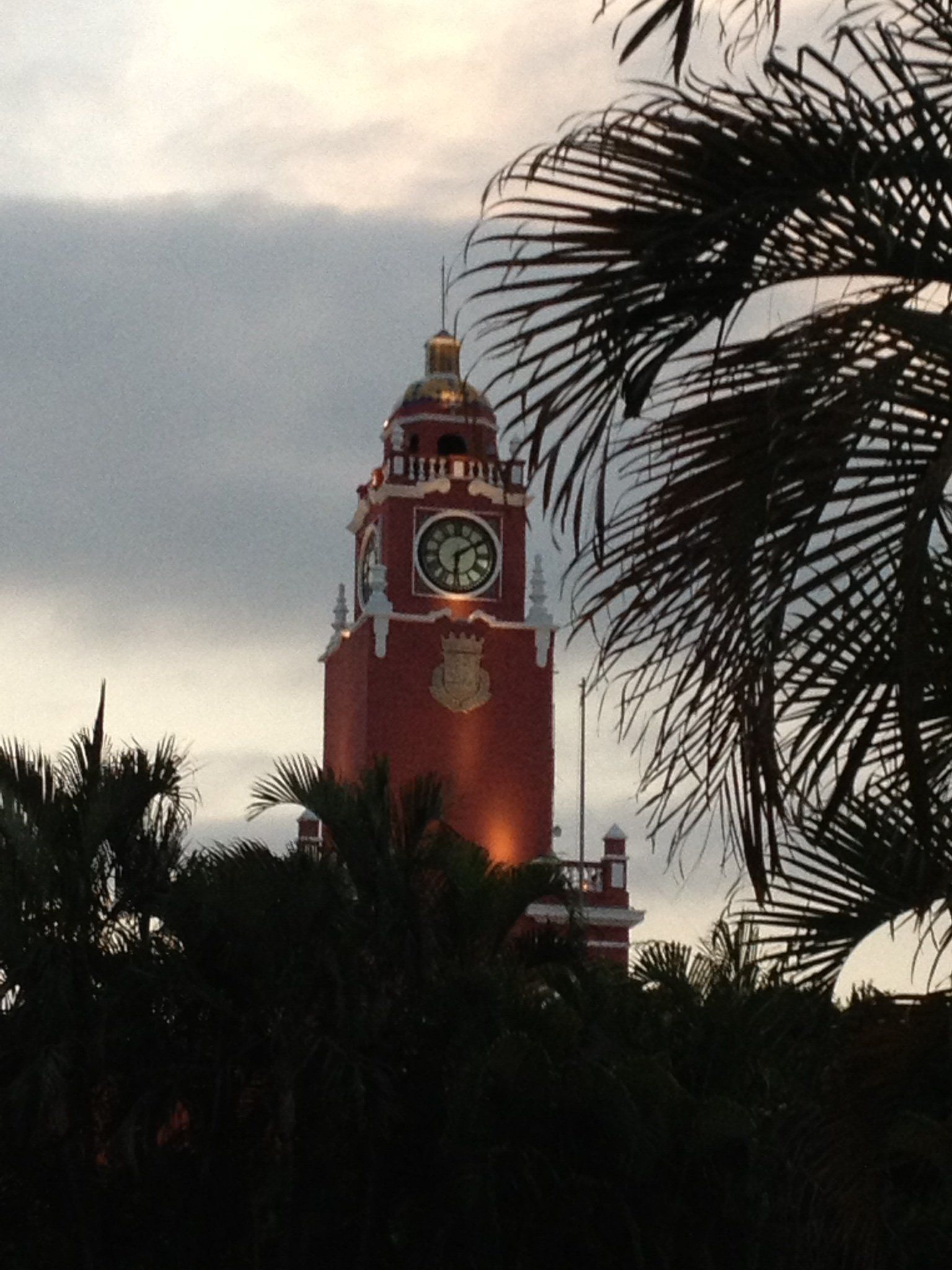 Ein Uhrturm mit einer Palme im Vordergrund