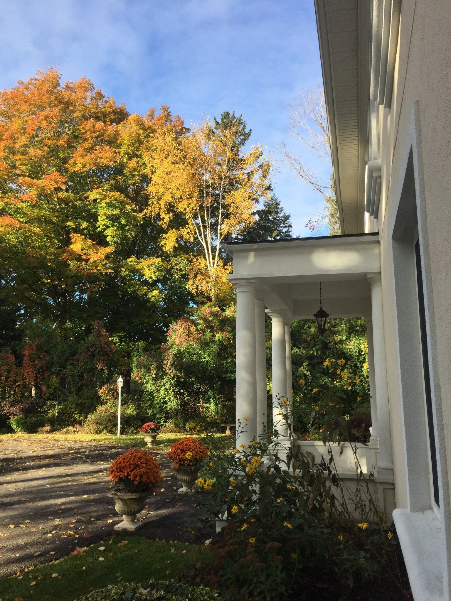 Ein weißes Haus mit einer Veranda und Bäumen im Hintergrund