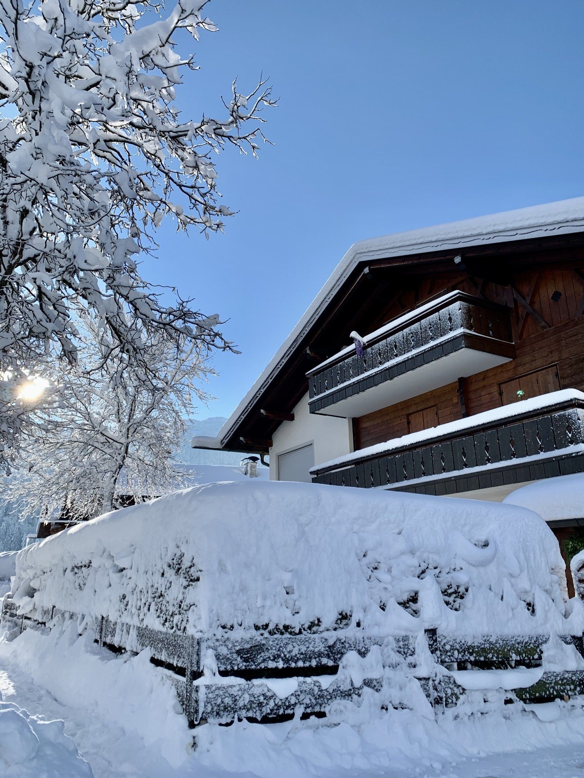 Ein schneebedecktes Haus mit einem Baum im Hintergrund