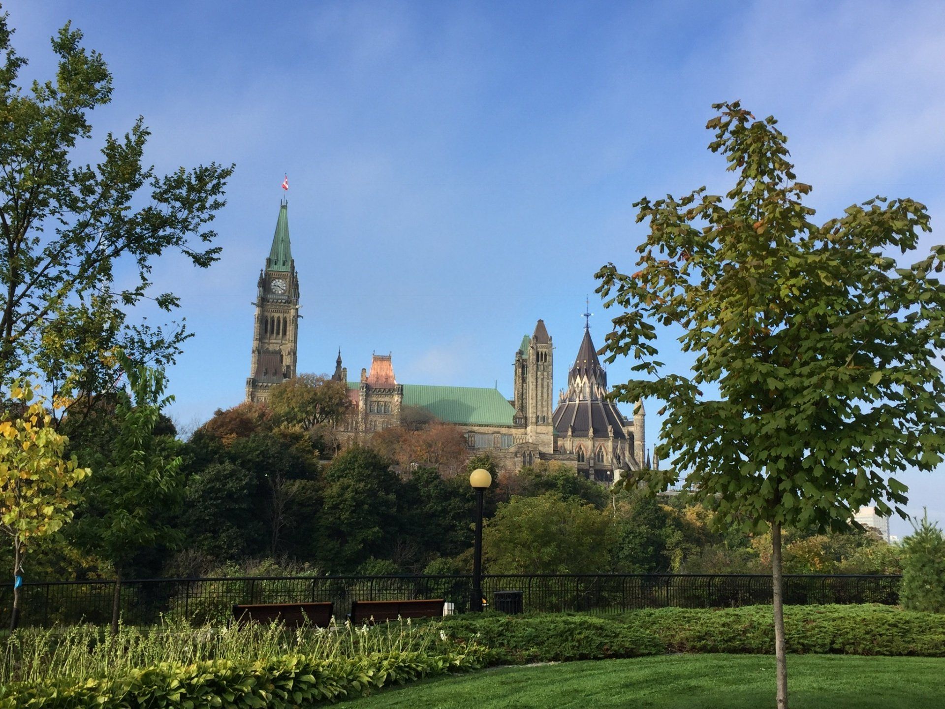 Durch die Bäume in einem Park ist ein großes Gebäude sichtbar.