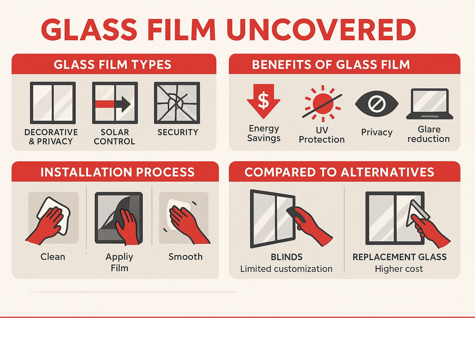 Comprehensive infographic showing glass film types, benefits including energy savings and UV protection, installation process, and comparison with alternatives like blinds and replacement glass - glass film infographic 