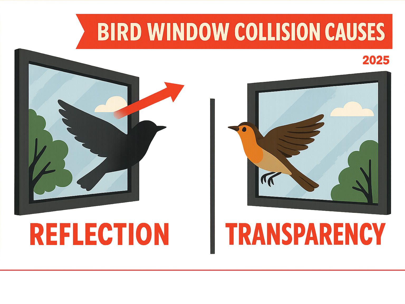 bird window collision causes - bird friendly window film infographic 