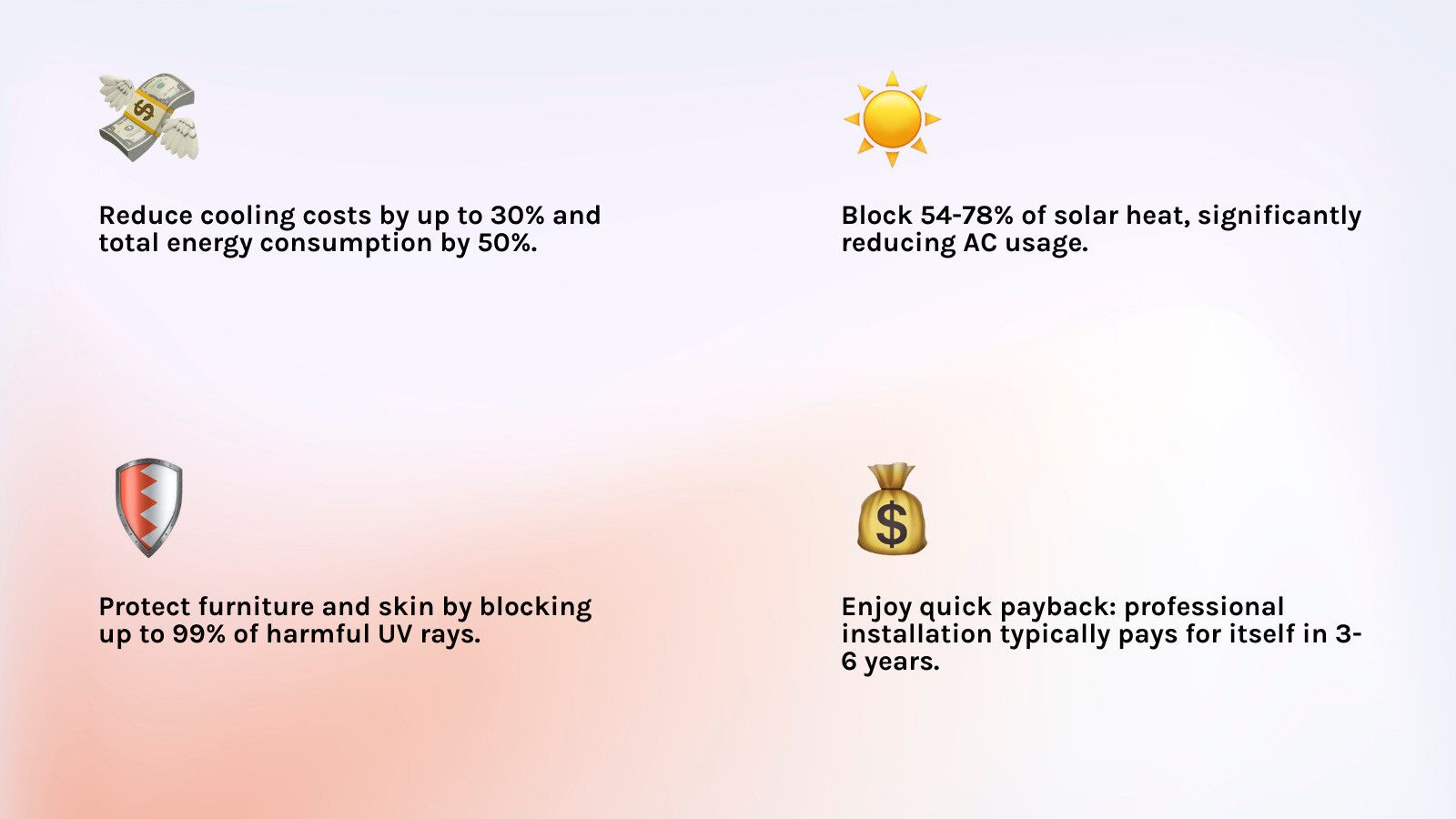 infographic showing solar heat rejection percentages for different window film types in Florida, with corresponding cooling cost savings data and UV protection levels - Window tint energy savings infographic 4_facts_emoji_light-gradient