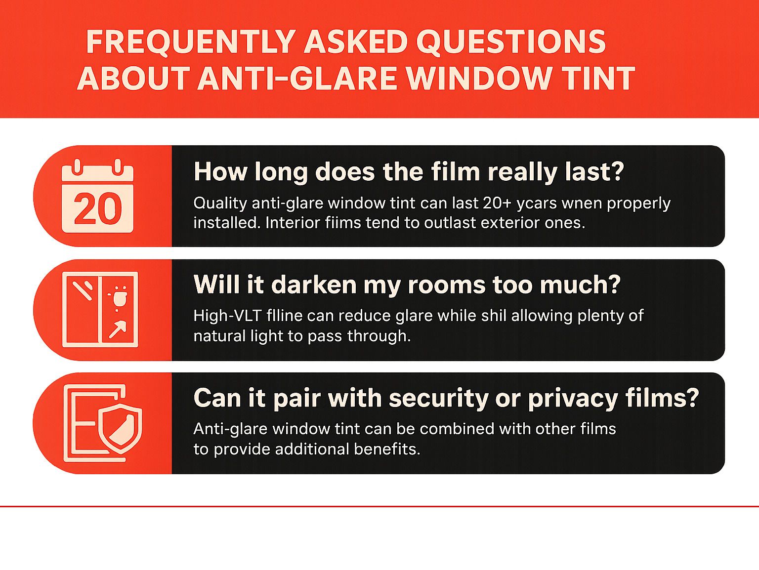 infographic displaying frequently asked questions about anti-glare window tint with detailed answers covering durability, light transmission, and compatibility options - anti glare window tint infographic 