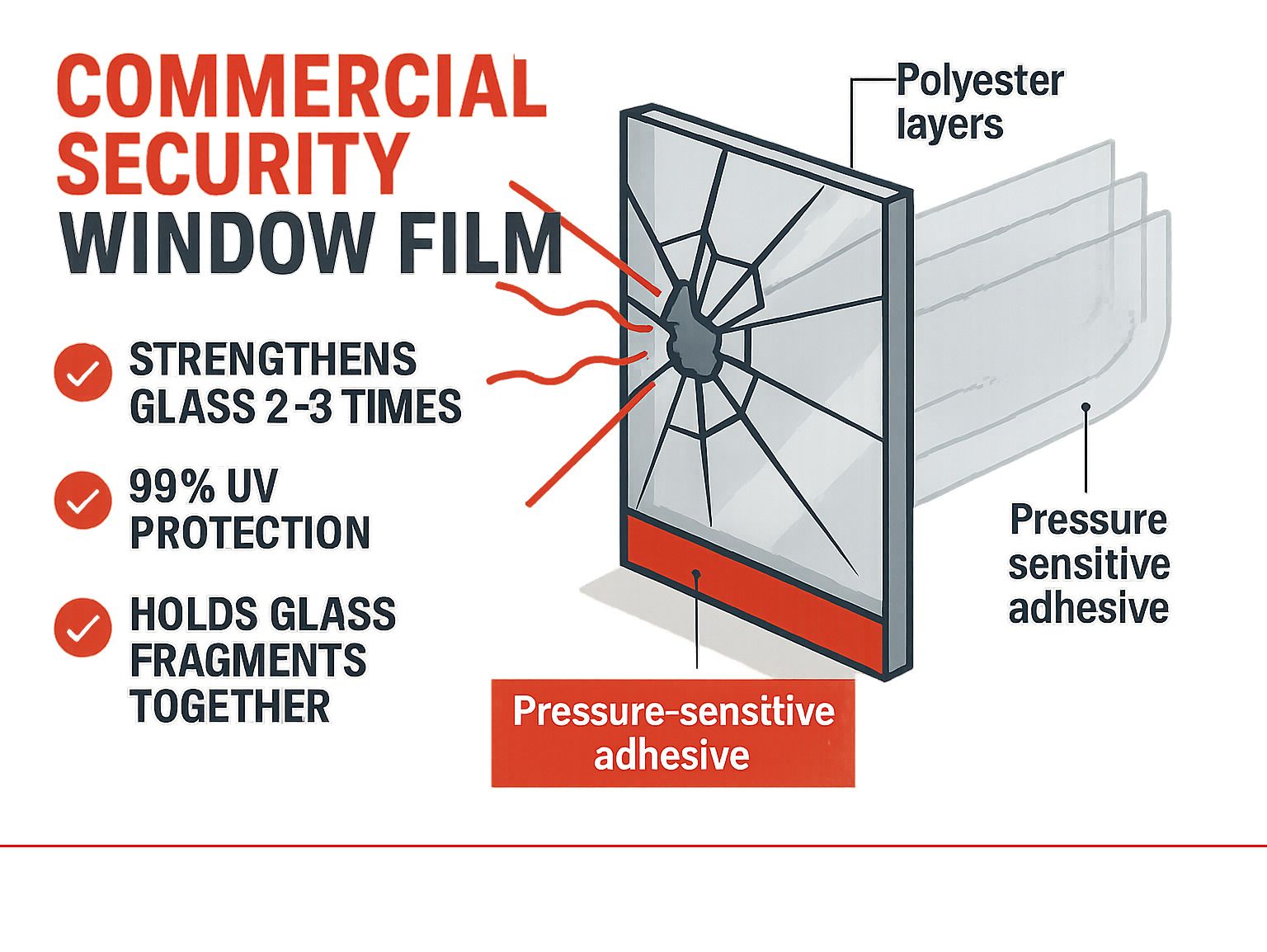 Infographic showing cross-section of commercial security window film with multiple polyester layers, pressure-sensitive adhesive, and UV-blocking properties that strengthen glass by 2-3 times while providing 99% UV protection and holding glass fragments together during impact - commercial security window film infographic 