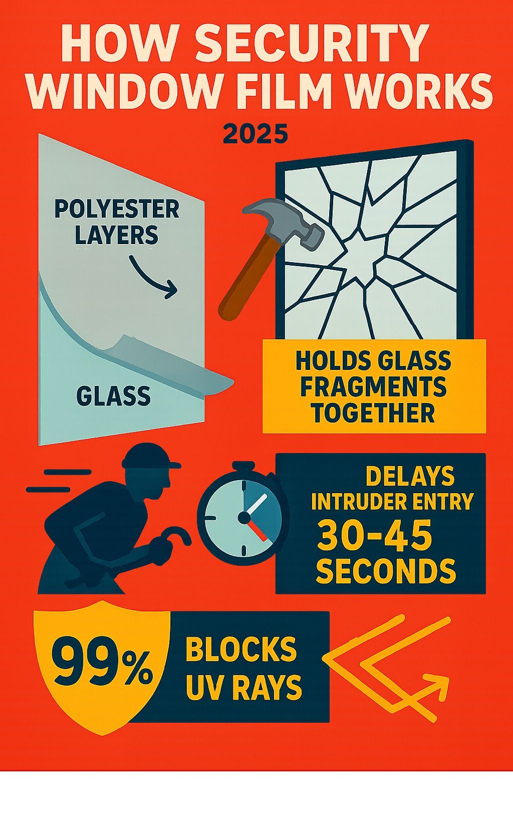 Infographic showing how security window film works: polyester layers bond to glass surface, holding fragments together when broken, delaying intruder entry by 30-45 seconds while blocking 99% UV rays and strengthening glass 2-3 times normal strength - security window film infographic 