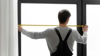 Person measuring window width with a yellow tape measure in a bright room