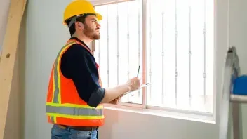 Construction worker in hard hat and safety vest inspecting a window in a room under renovation