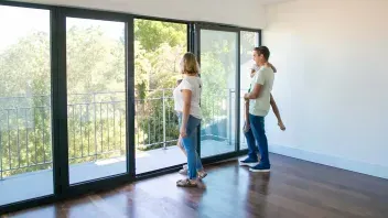 Two people standing in an empty room by large glass doors, looking out at greenery.