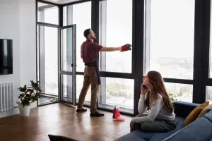 Man cleaning large windows in a bright living room while a woman sits on a sofa nearby