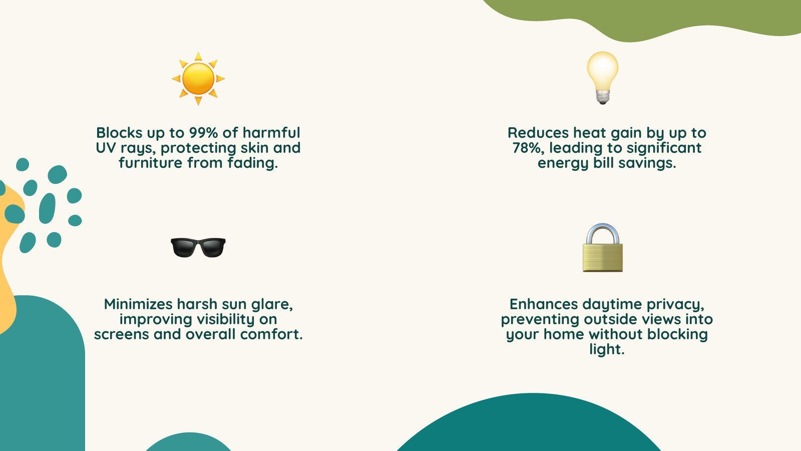 Infographic on reducing light pollution with icons for nature, sunglasses, streetlight, and window blinds.