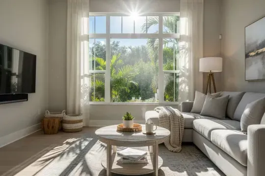 Bright living room with a large sunlit window, gray sofa, round coffee table, and floor lamp