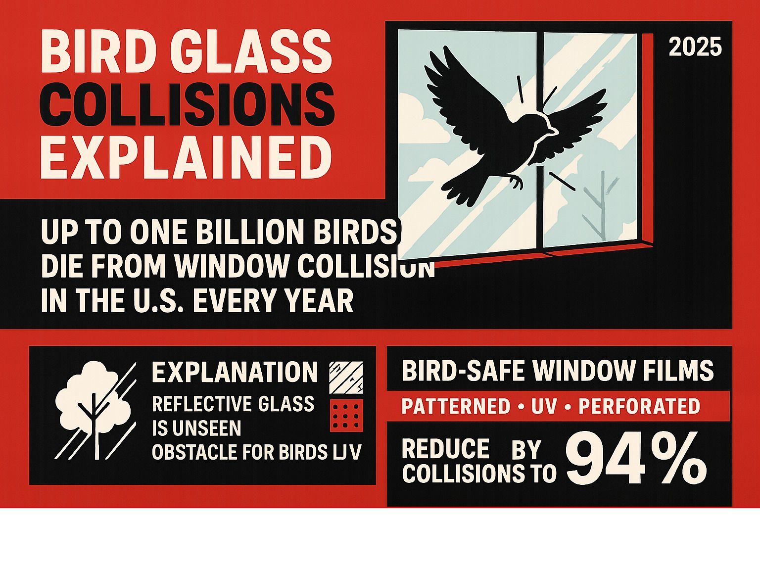 Bird Glass Collisions Explained - bird-safe window films infographic 