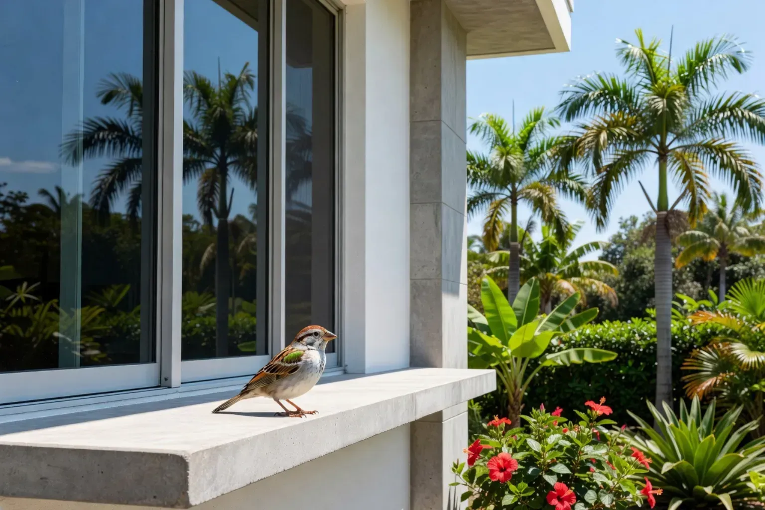 Small bird on a white windowsill beside a modern house, with palm trees and tropical flowers in the background