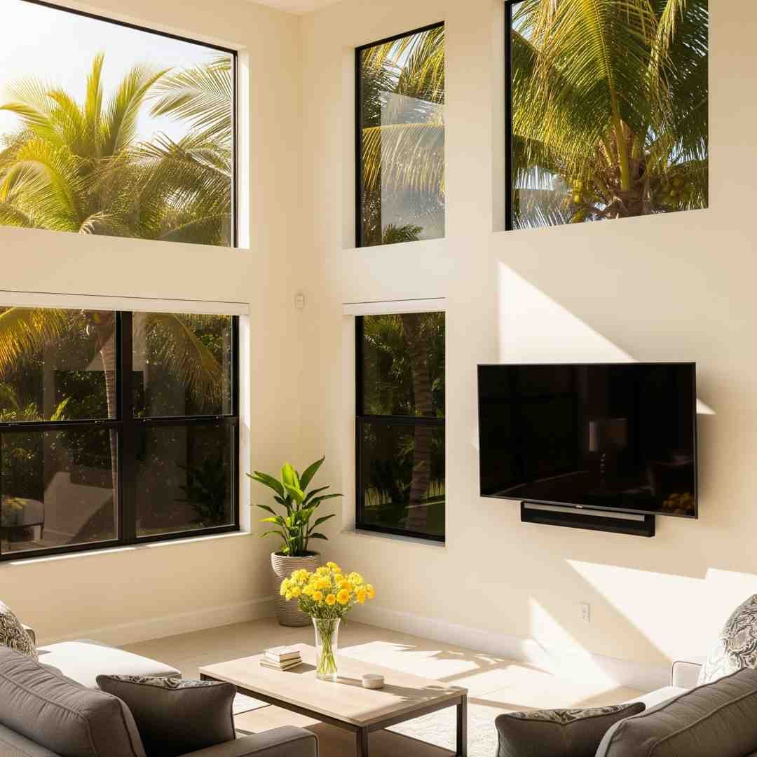 A North American Tint professional measuring a residential window before application in a Florida home - Residential window film cost