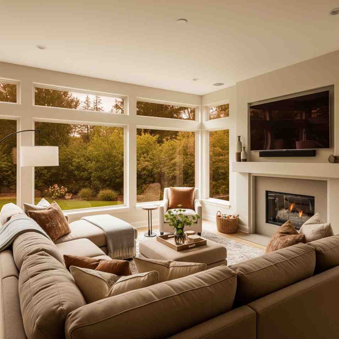 family comfortably watching a movie in a living room with large windows, free from any sun glare on the screen. - non reflective film