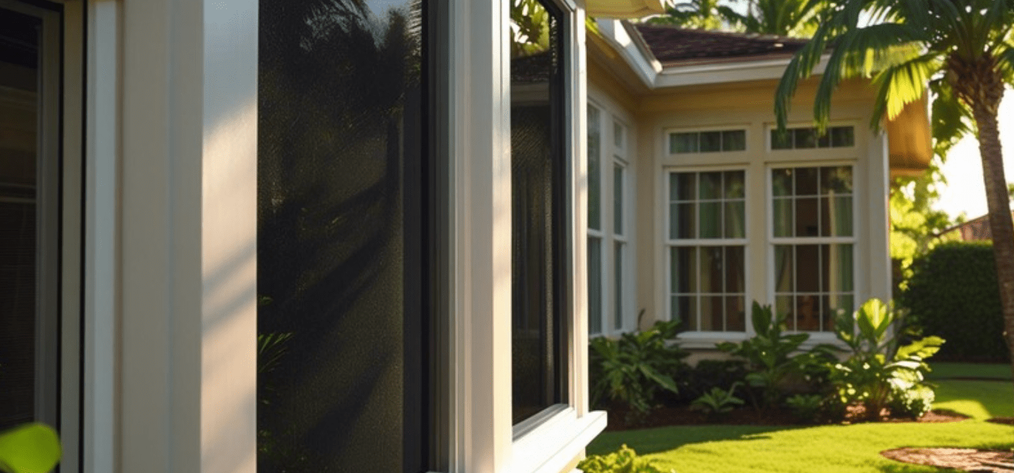 professional technician carefully applying high-quality window film to a large residential window - turtle glass windows