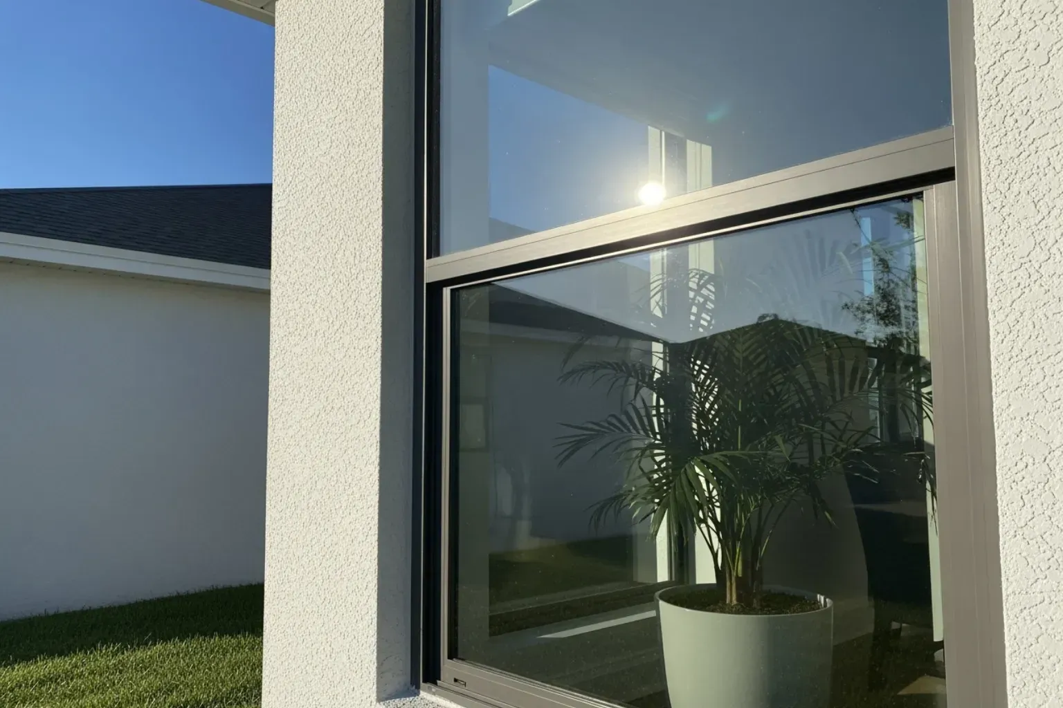 Sunlit window reflecting a potted plant in a modern house exterior