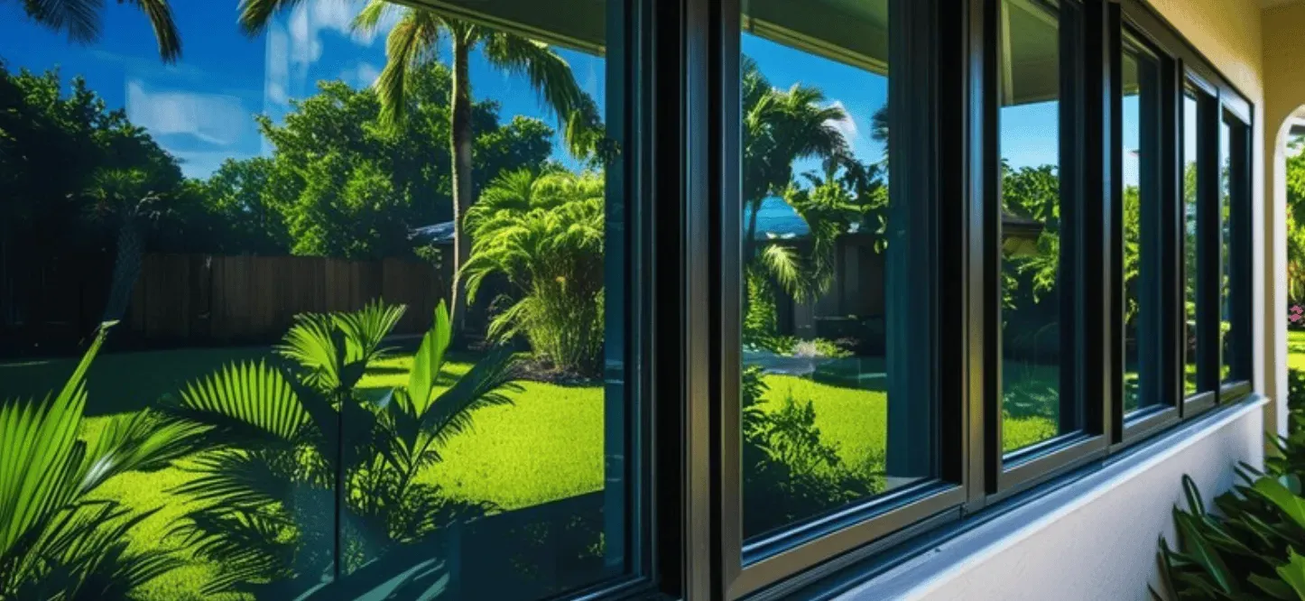 Sunlit modern house windows overlooking a lush green tropical garden with palm trees