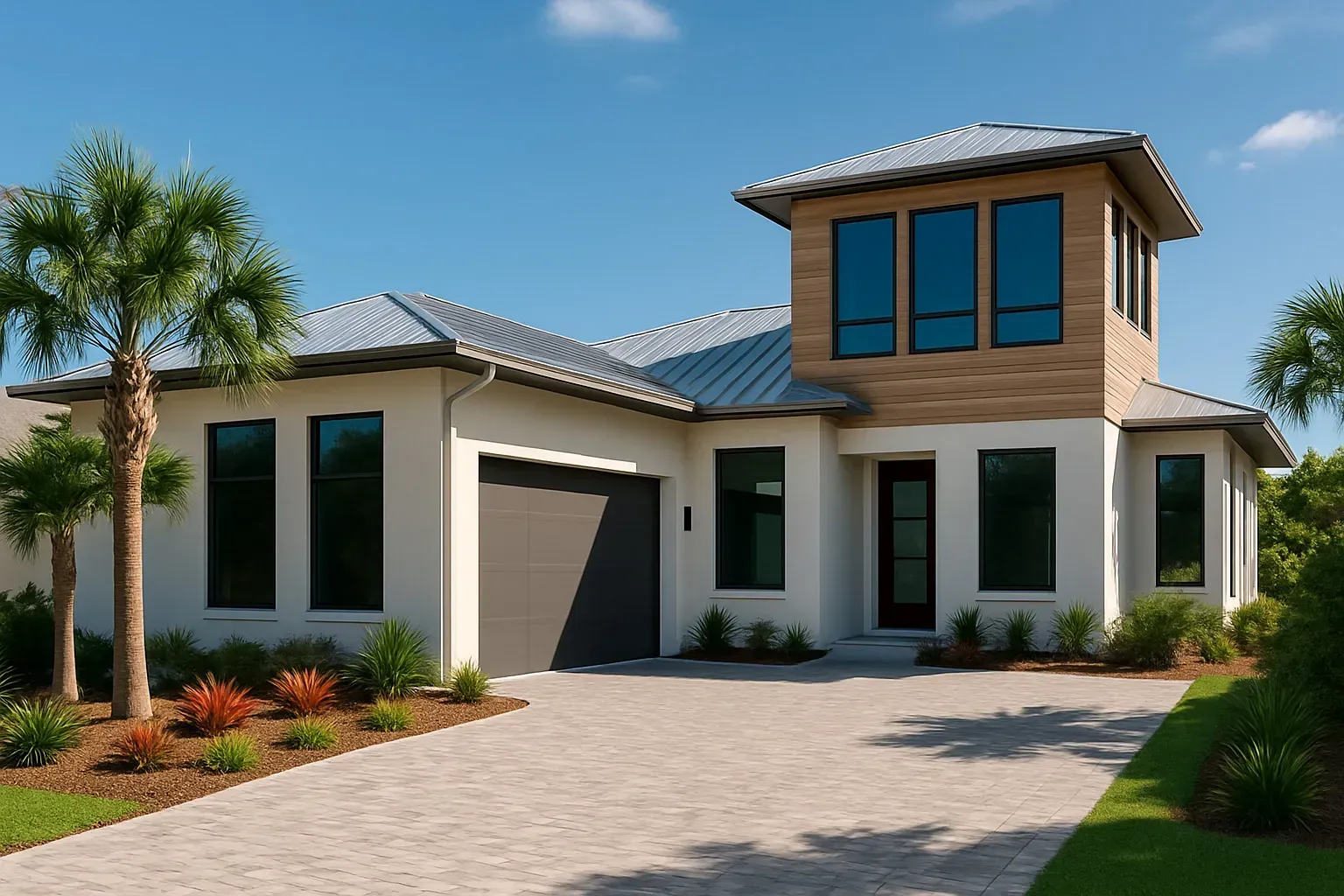 Modern white stucco house with blue roof, garage, and desert landscaping under a clear sky