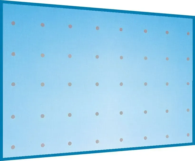 Light blue wall or panel with evenly spaced small orange dots and a darker blue border