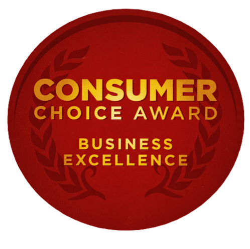 Red circular Consumer Choice Award badge with gold text and laurel branches.