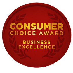 Red circular Consumer Choice Award badge with gold text and laurel branches.